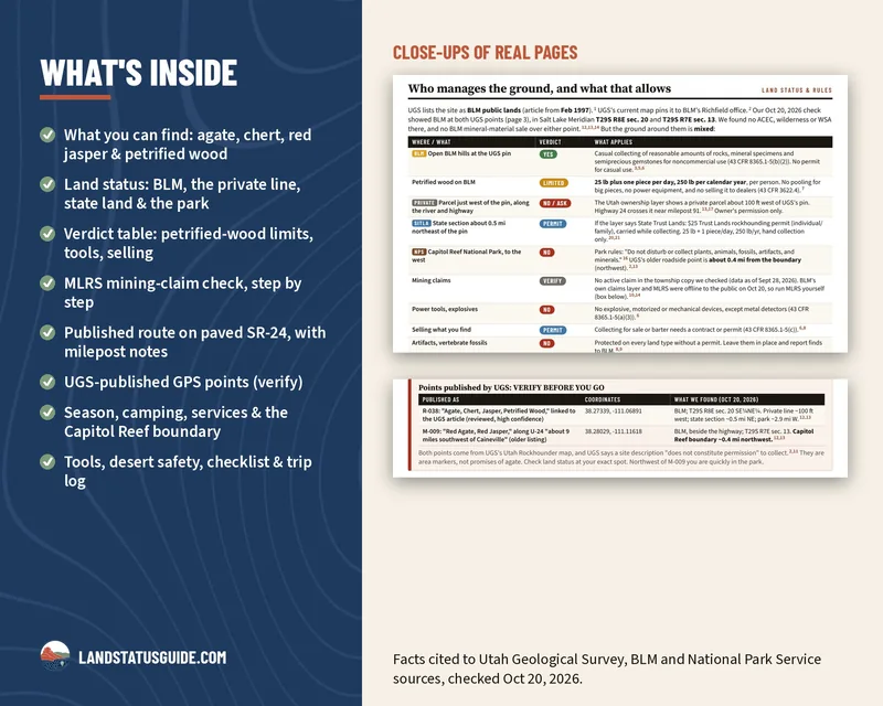 What’s inside the Caineville site guide, with a close-up of the land-status verdict table
