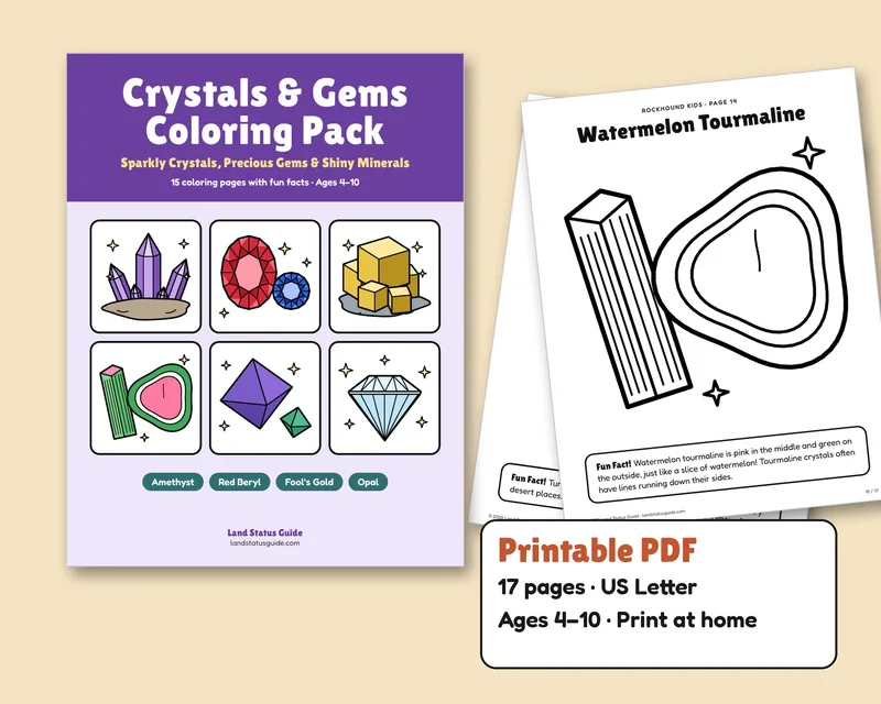 Cover of the Crystals & Gems Kids Coloring Pack with colorful gemstones and crystals next to a sample coloring page