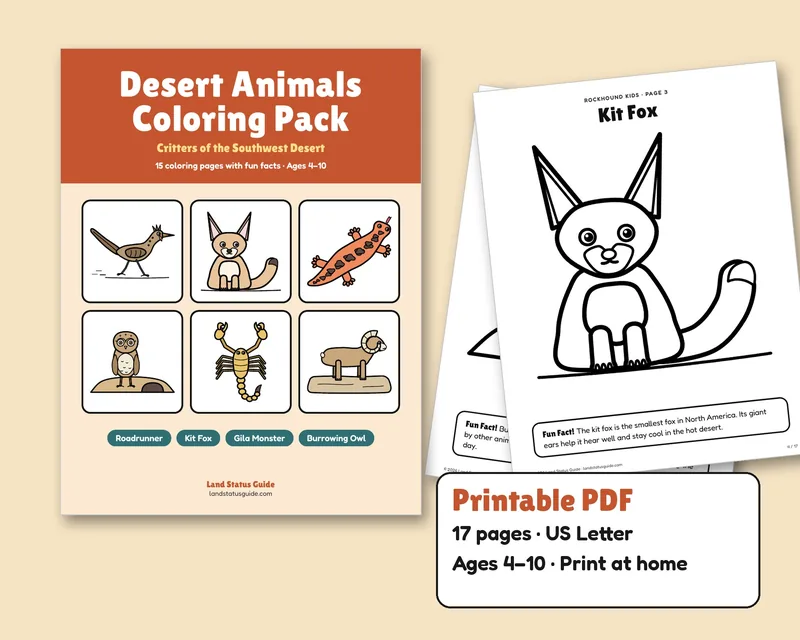 Cover of the Desert Animals of the Southwest Kids Coloring Pack with desert wildlife next to a sample coloring page