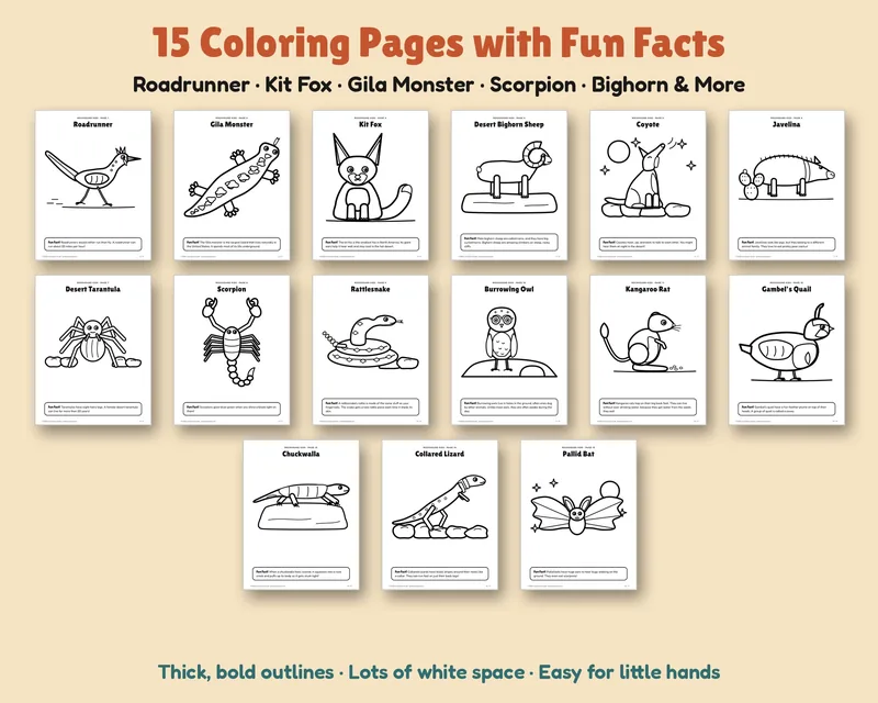Grid of the 15 Desert Animals of the Southwest coloring pages