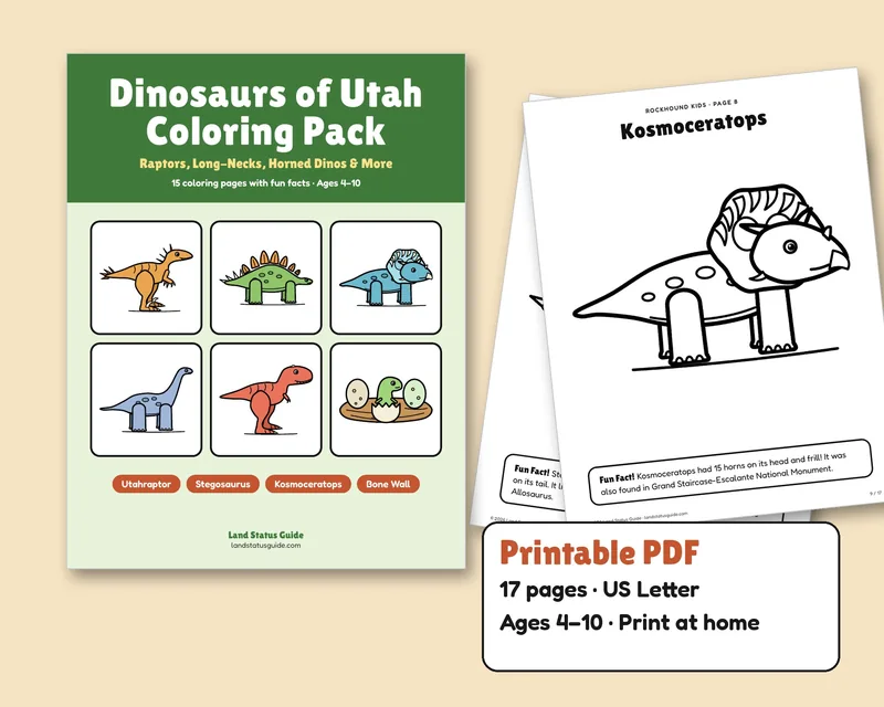 Cover of the Dinosaurs of Utah Kids Coloring Pack with dinosaurs next to a sample coloring page