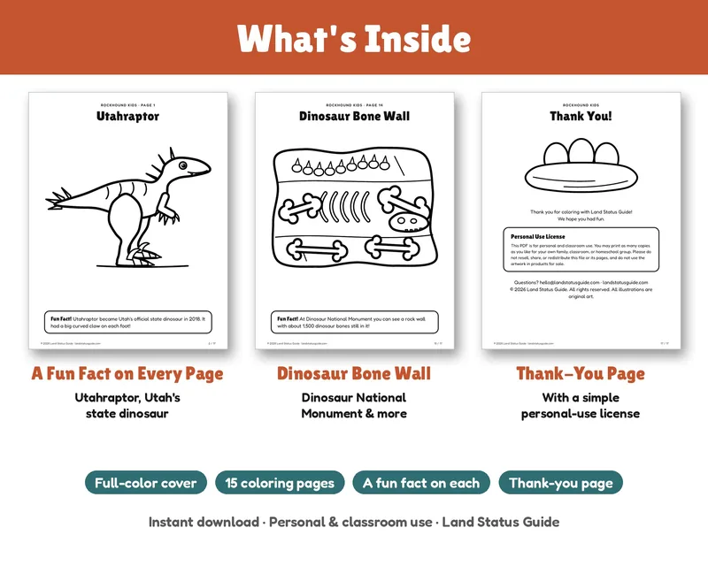 Inside pages from the Dinosaurs of Utah Kids Coloring Pack