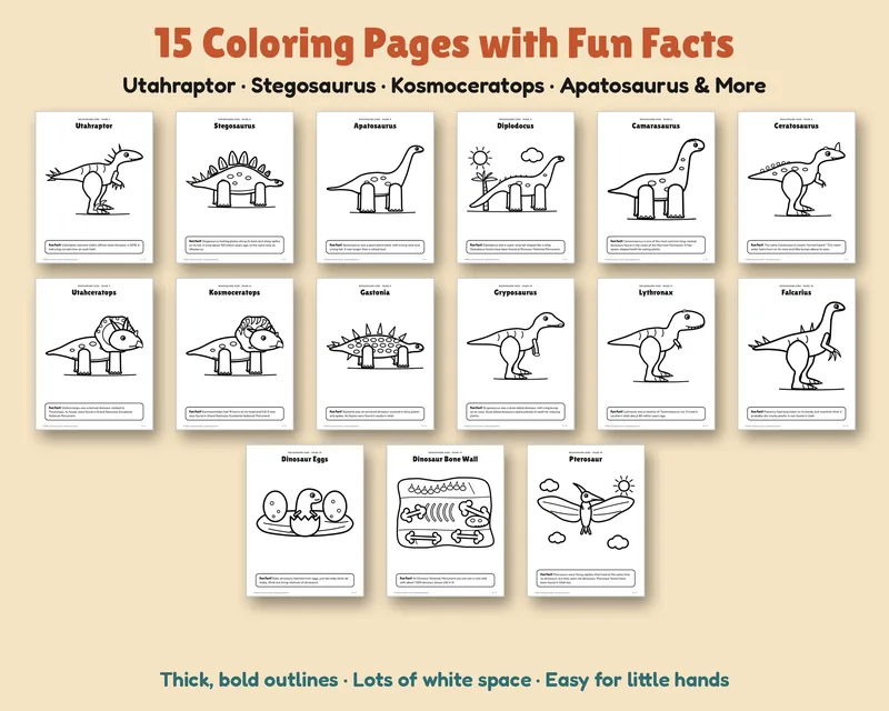 Grid of the 15 Dinosaurs of Utah coloring pages
