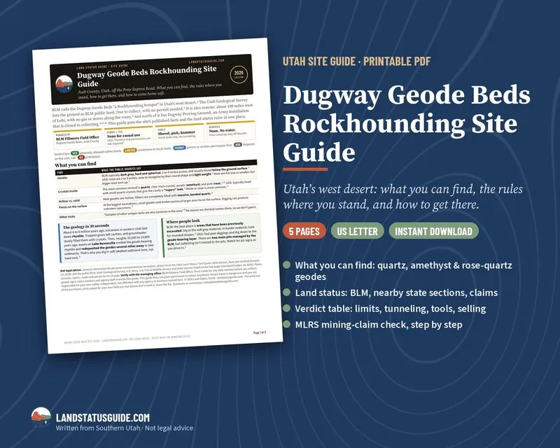 First page of the Dugway Geode Beds Rockhounding Site Guide: 5 pages, US Letter, instant download