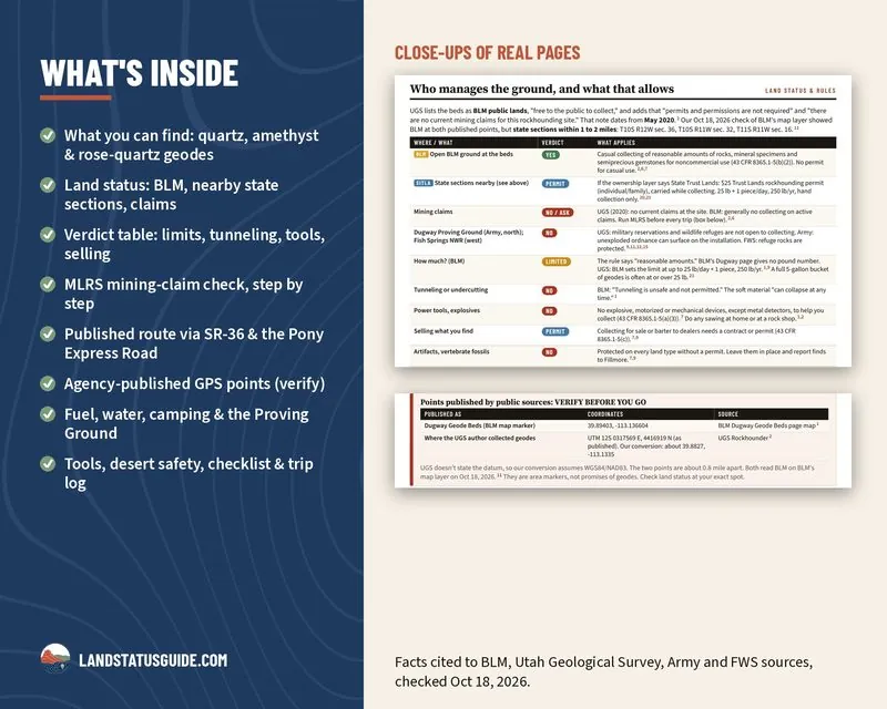 Close-up of the land-status verdict table from the Dugway site guide