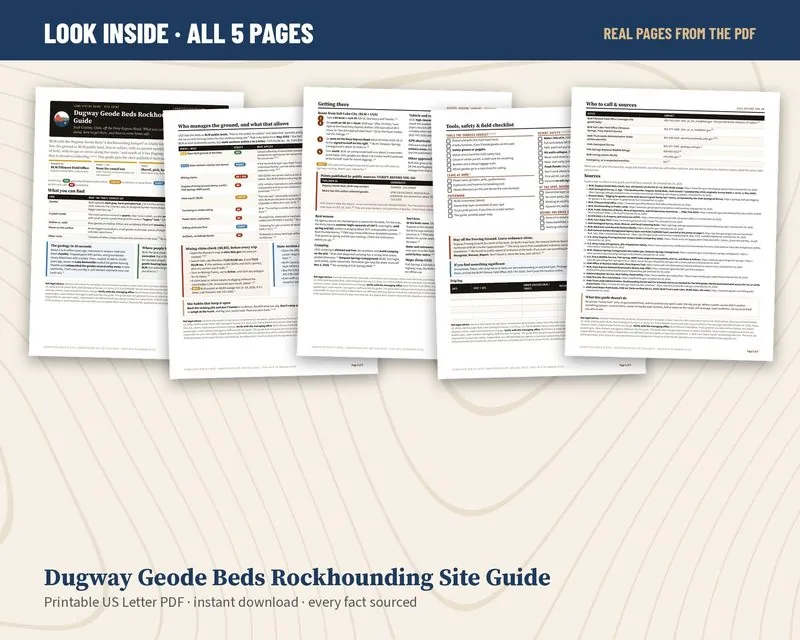 All five pages of the Dugway Geode Beds site guide laid out side by side