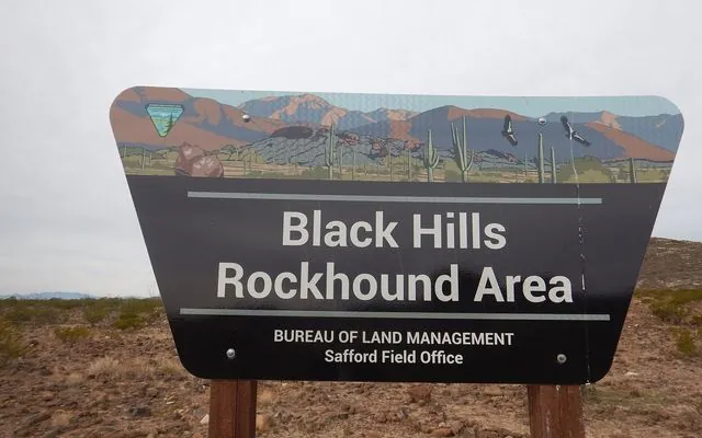 BLM sign reading Black Hills Rockhound Area, Bureau of Land Management, Safford Field Office