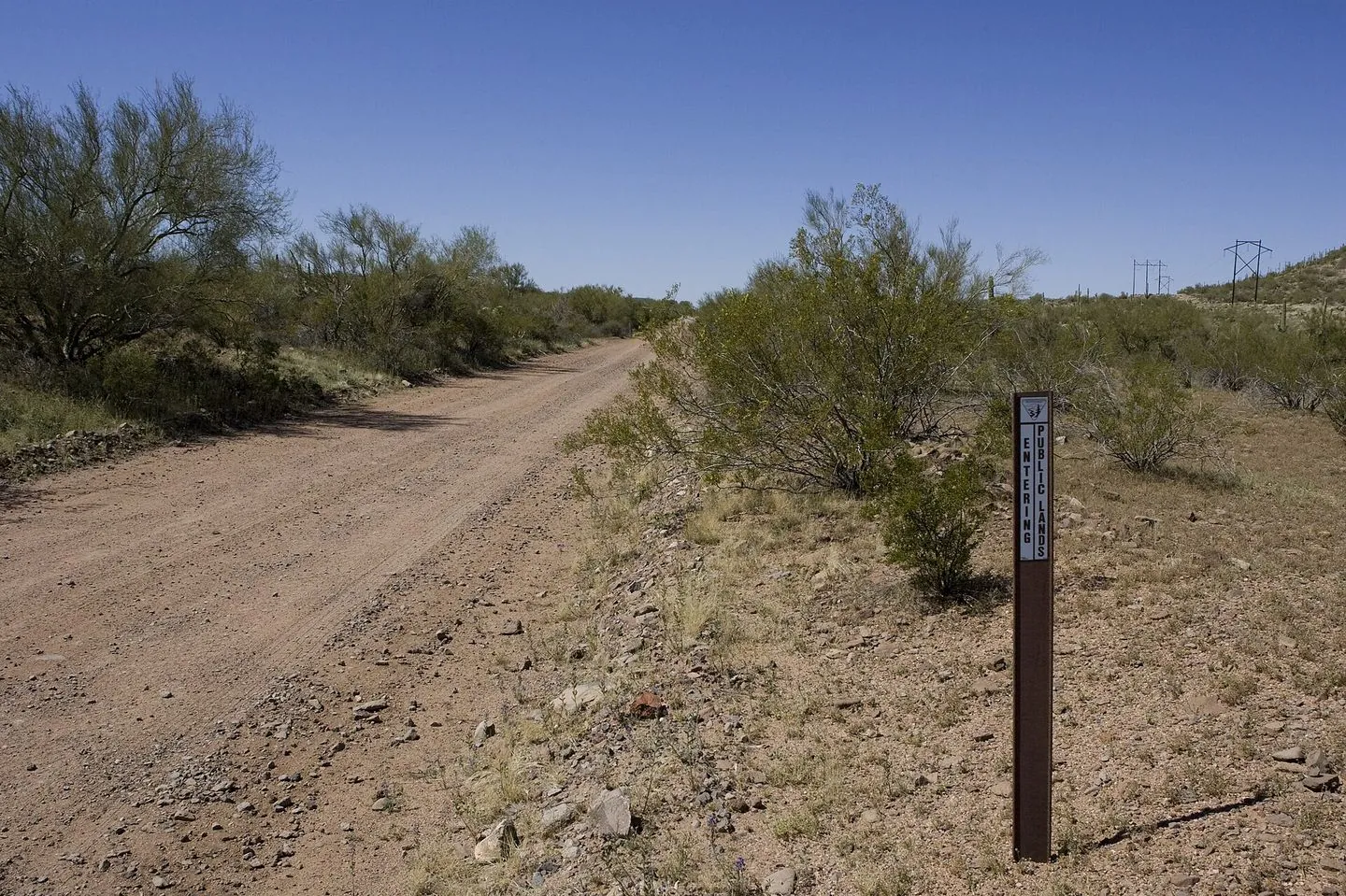 A dirt road through desert scrub with a small brown Entering Public Lands marker post in Ironwood Forest National Monument