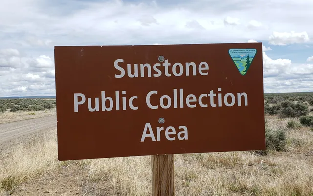 Brown BLM sign reading Sunstone Public Collection Area beside a gravel road in open sagebrush country