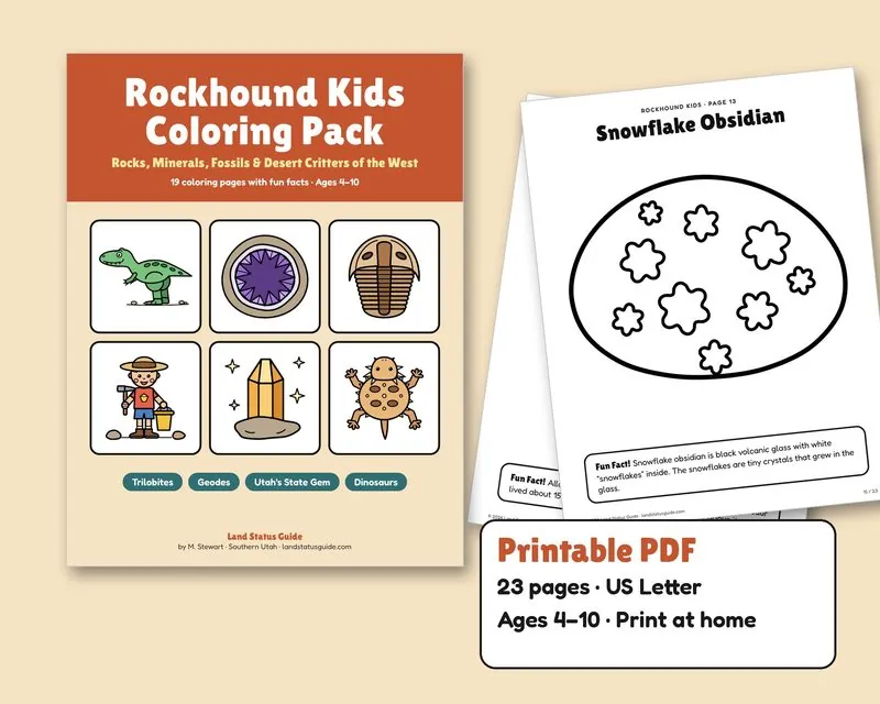 Cover of the Rockhound Kids Coloring Pack next to a sample coloring page