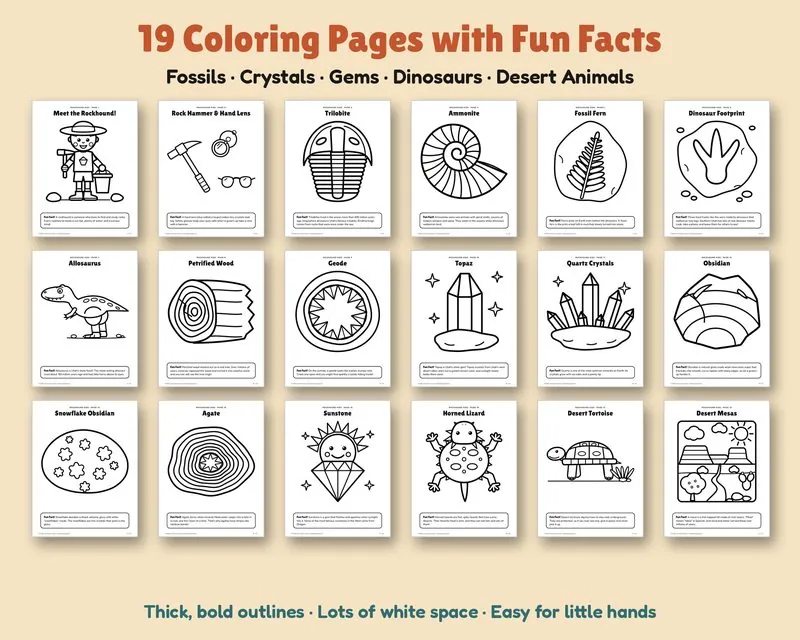 Grid of the 19 coloring pages: fossils, crystals, gems, a dinosaur and desert animals