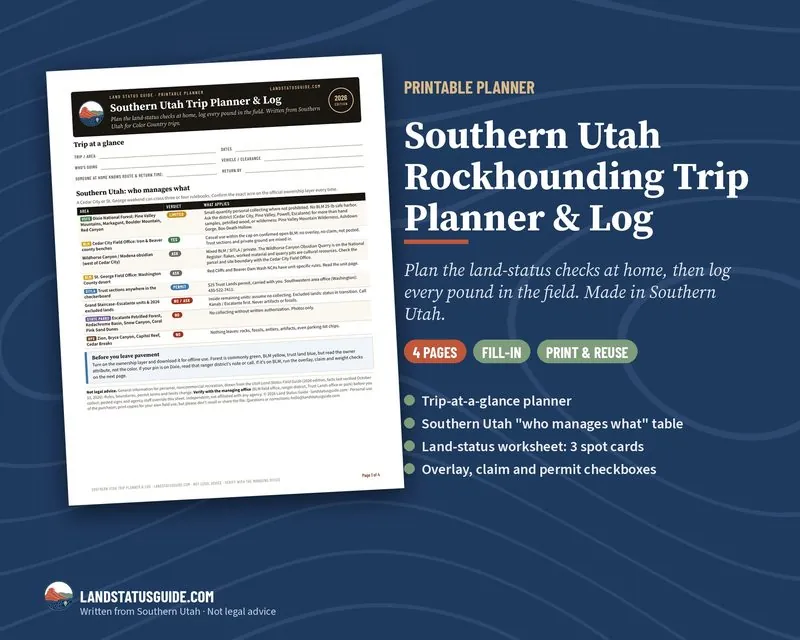 First page of the Southern Utah Rockhounding Trip Planner & Log: 4 pages, US Letter, fill-in