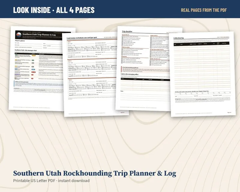 All four pages of the Southern Utah trip planner and log laid out side by side