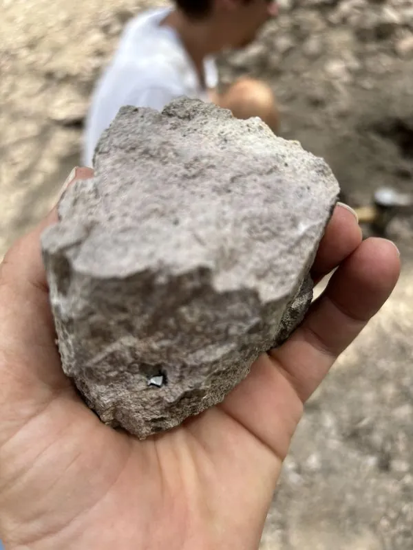 A hand holding a pale rhyolite rock with a dark red garnet crystal at Garnet Hill