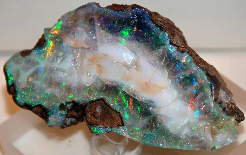 Precious opal from Virgin Valley, Nevada, showing green, blue and orange play of color