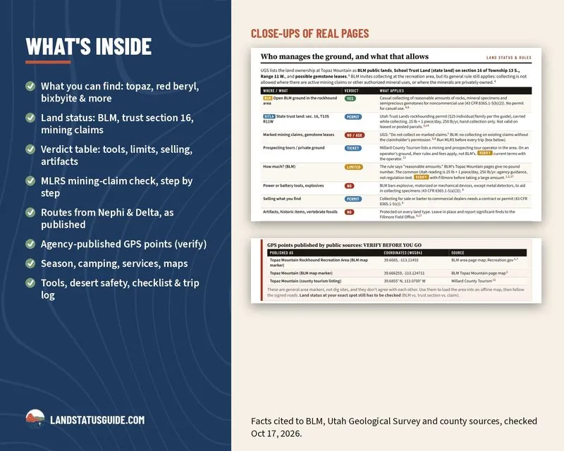 What’s inside the Topaz Mountain site guide, with a close-up of the land-status verdict table
