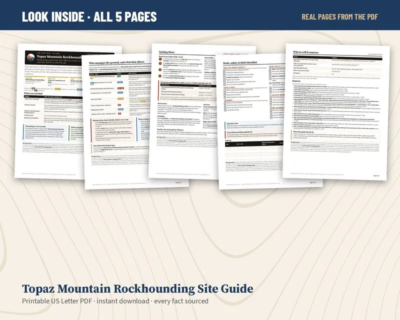 All five pages of the Topaz Mountain site guide laid out side by side