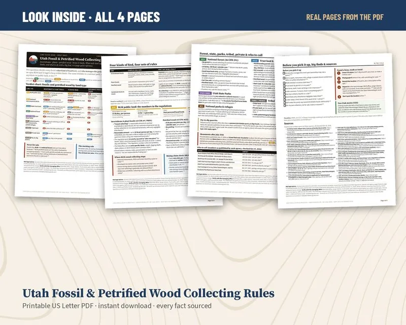All four pages of the Utah fossil and petrified wood rules cheat sheet laid out side by side