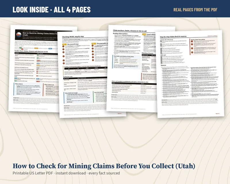 All four pages of the Utah mining claim check cheat sheet laid out side by side